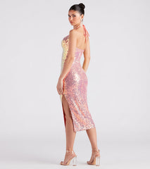 Avery Formal Sequin Cowl Halter Midi Dress