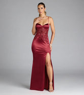 Felicia Beaded Sequin Slit Satin Formal Dress