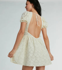 Flirty Aura Puff Sleeve Floral Lace Skater Dress