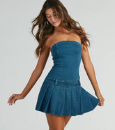 Going Places Strapless A-Line Pleat Denim Mini Dress