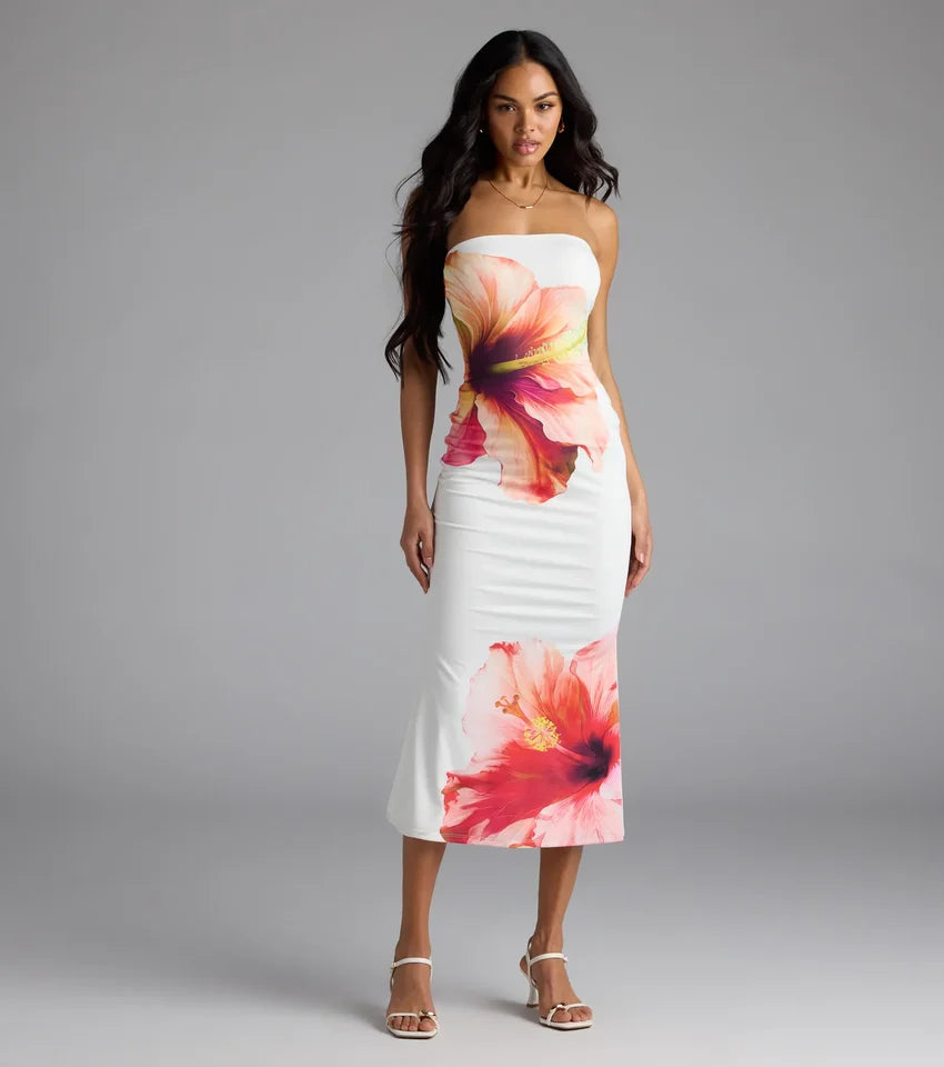 Set For Vacay Tropical Floral Strapless Midi Dress