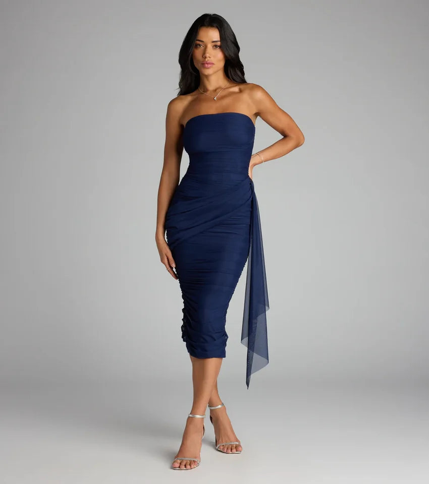 Own The Room Strapless Mesh Midi Dress