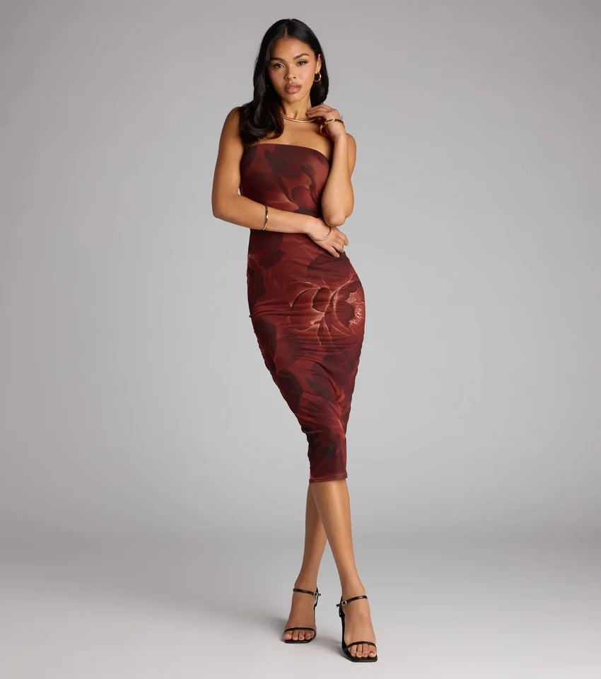 Chic Glimpse Floral Tube Midi Dress