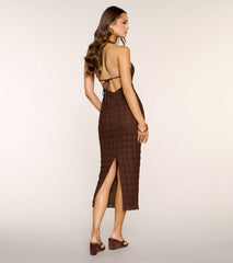 Second Glance Beaded-Trim Halter Midi Dress