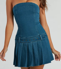 Going Places Strapless A-Line Pleat Denim Mini Dress