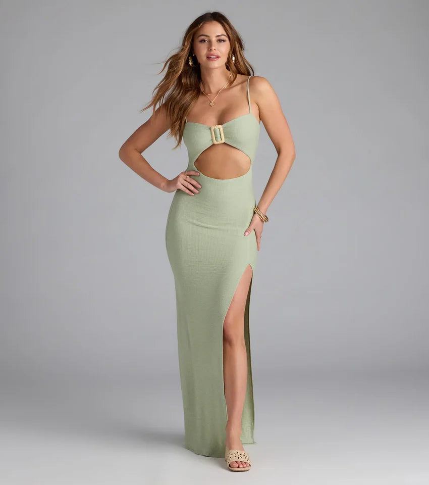 Vacay Mode Buckle Cutout Slit Maxi Dress
